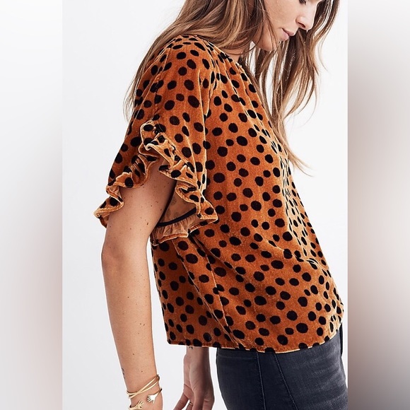 Cute! Madewell Velvet Top. EUC Rust w/ Black Polkadots. Ruffled Open Sleeves. M - Picture 11 of 13